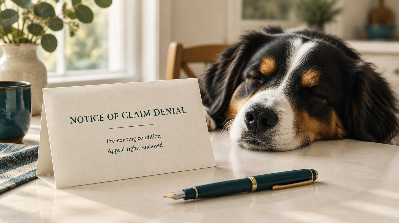 Dog resting beside a pet insurance notice of claim denial letter